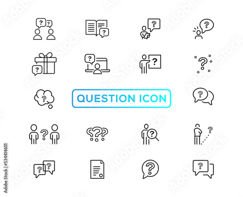 Questions line icons. Artificial intelligence computer, phone with question mark, problem solve. Quiz, faq guide, job interview line icons. Ask person, question bubble, family problem. Vector