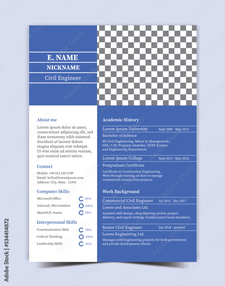 CV design template, Civil Engineer resume template, and Profile Design
