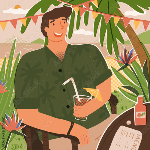 The guy is on island vacation, enjoys a refresher in the beach cafe. Traveling, downshifting, paradise life concept