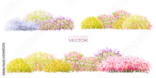 Vector watercolor blooming flower tree side view isolated on white background for landscape and architecture drawing, elements for environment or and garden,botanical elements for section in spring 