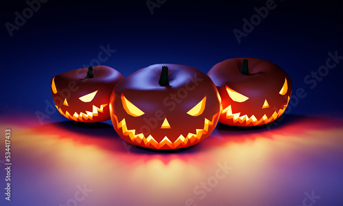 Halloween Pumpkins Jack Lantern. Holiday 3D render. Scary party.,