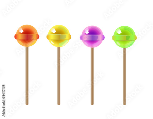 Lollipop, round hard sugar candy on stick. Mint, fruit and berries taste lollypops. Vector cartoon set of colored sweet caramel suckers on sticks isolated on white background