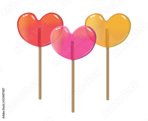 Heart shaped lollipop candy set on wooden stick isolated on white background. Mint, fruit and berries taste lollypops.