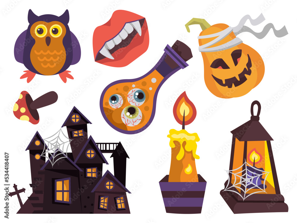 Obraz premium halloween sticker set vector scary pumpkin house in bandage lamp