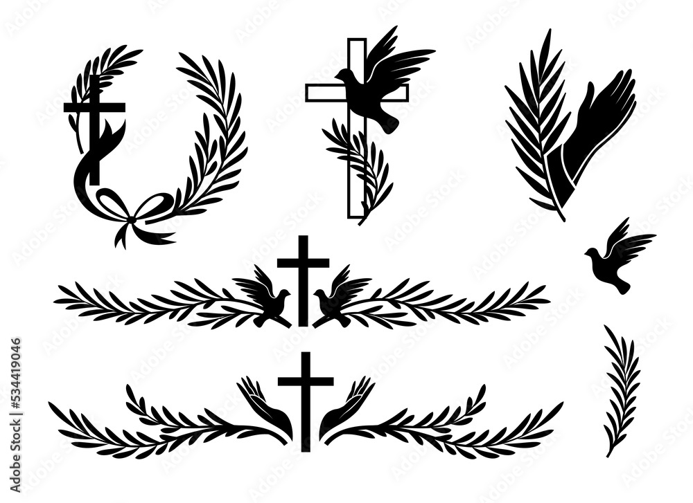 Funeral ornamental decorations. Vector memorial design elements