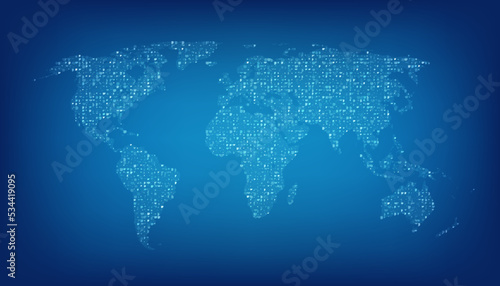 World map formed by glowing sparkles. Blue abstraction background