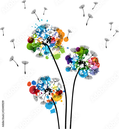 Colorful dandelion with flying seeds and paint splash decorative textured elements . Conceptual vector illustration in fluid ink artistic style.
