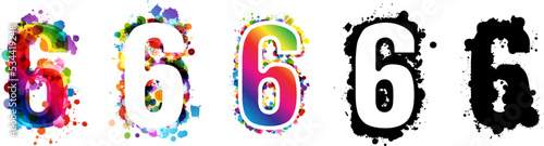 6 numbers with rainbow and black paint splash decorative elements. Colorful 6 number emblems collection. Vector illustration in artistic style.