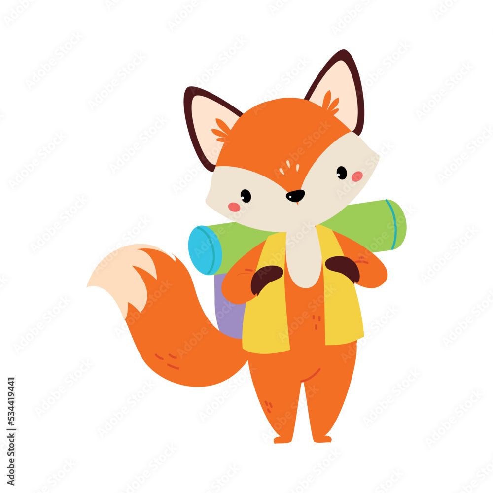 Cute Red Fox Traveler with Backpack Having Journey on Vacation Vector Illustration Cute Red Fox Traveler with Backpack Having Journey on Vacation Vector Illustration