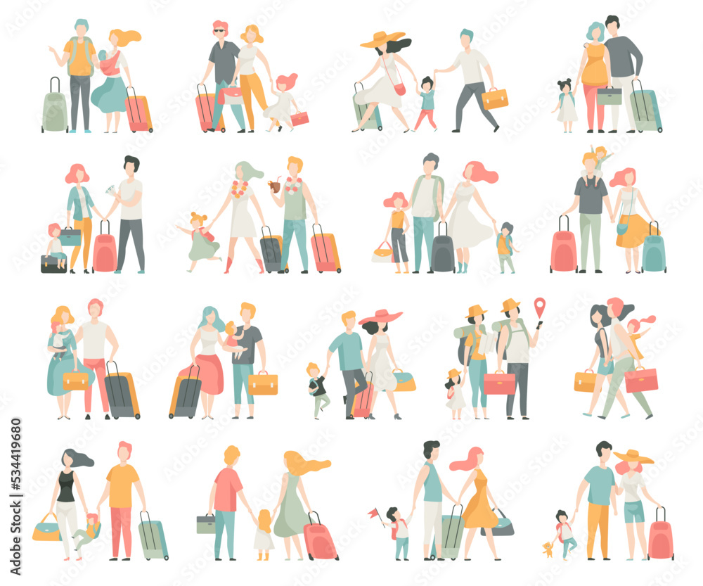 Family Travelling with Kids Pulling Suitcase Holding Child by Hand Big Vector Set Family Travelling with Kids Pulling Suitcase Holding Child by Hand Big Vector Set