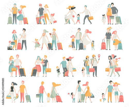 Family Travelling with Kids Pulling Suitcase Holding Child by Hand Big Vector Set