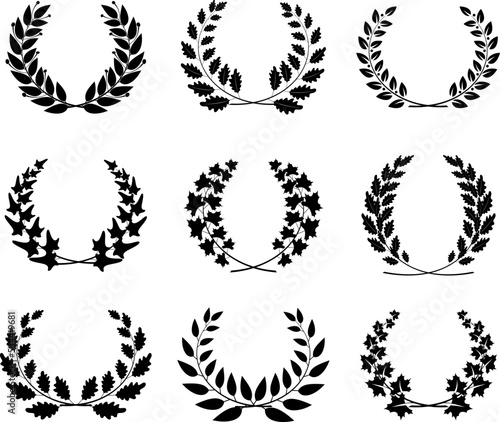 Award wreath collection. Vector decoration elements. Round leaves frames for certificate design, achievement, anniversary or heraldic emblems.