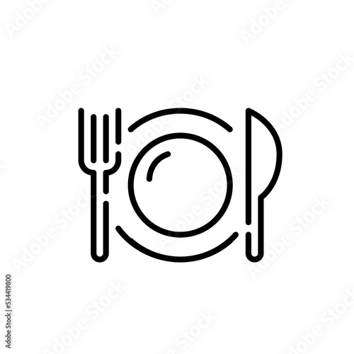Fork, knife and plate. Restaurant and food icon. Pixel perfect, editable stroke