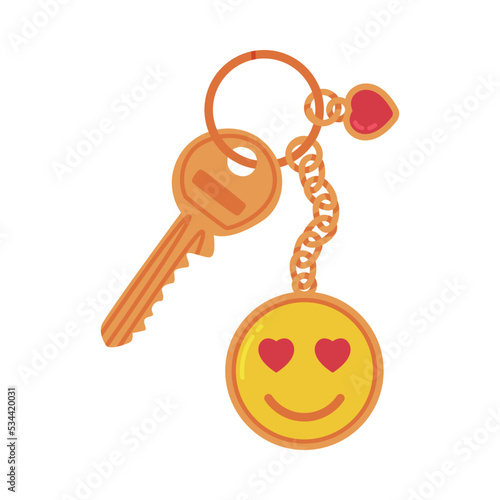 Trinket with Brass Key Hanging with Smiley Keychain or Keyring Vector Illustration