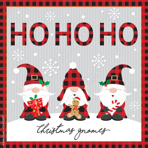 christmas card with christmas gnomes and ho ho ho text