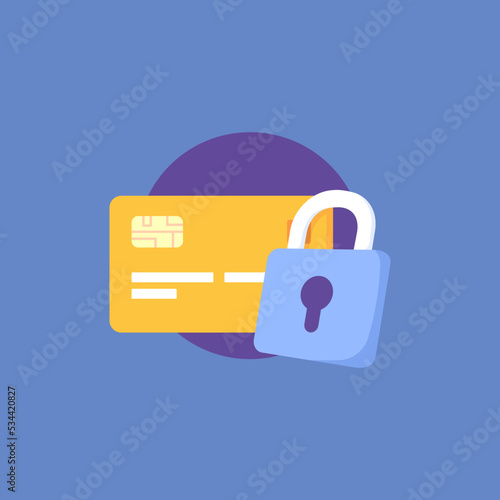 ATM, debit, credit card security system from theft and burglary. account balance protection. card symbol and padlock symbol. password, account lock. Online Payments and banking secure. icon concept