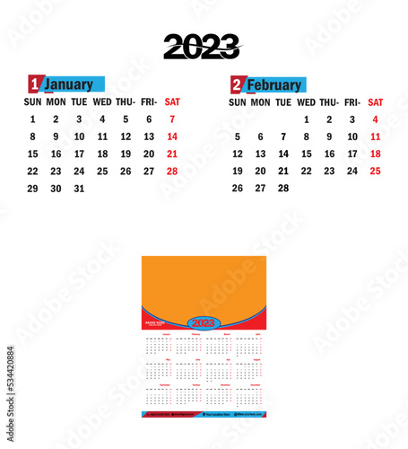 Calendar 2023, week start Sunday corporate design template vector.