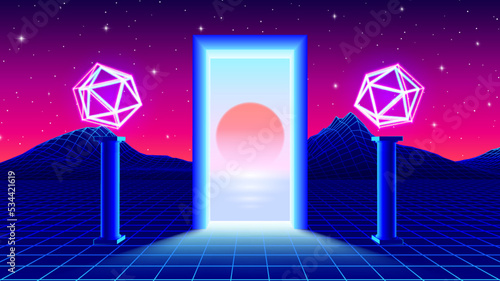 Glowing portal or door with synthwave sundown and columns holding neon shapes in 80s style. Retrowave grid mountains landscape with shiny doorway