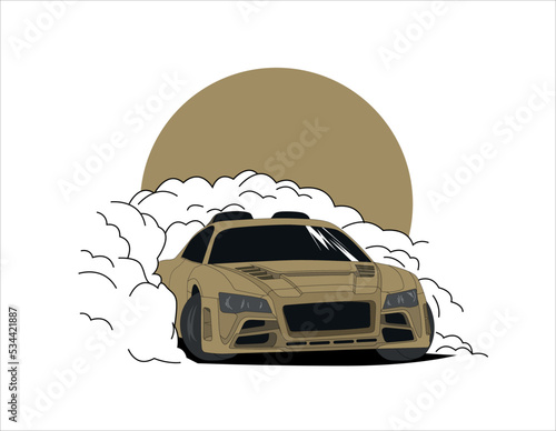 Drift car, smoke from under the wheels, realistic vector illustration for sticker, badge or poster