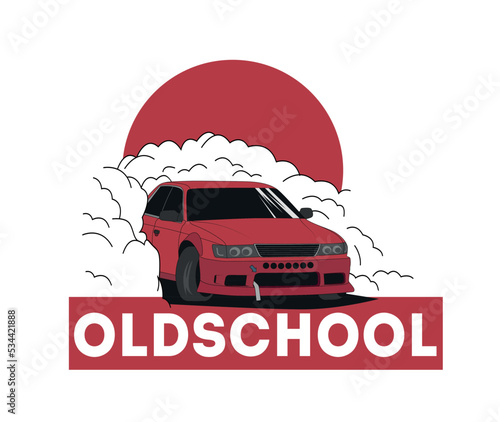Drift car, smoke from under the wheels, realistic vector illustration for sticker, badge or poster
