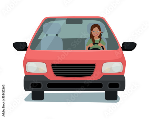 Happy young woman driving a car front view cartoon illustration design