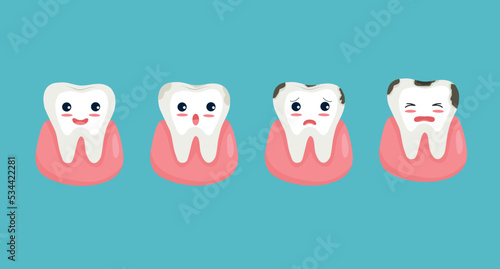 Cute tooth character showing stages of teeth decay from healthy tooth to dental plaque caries