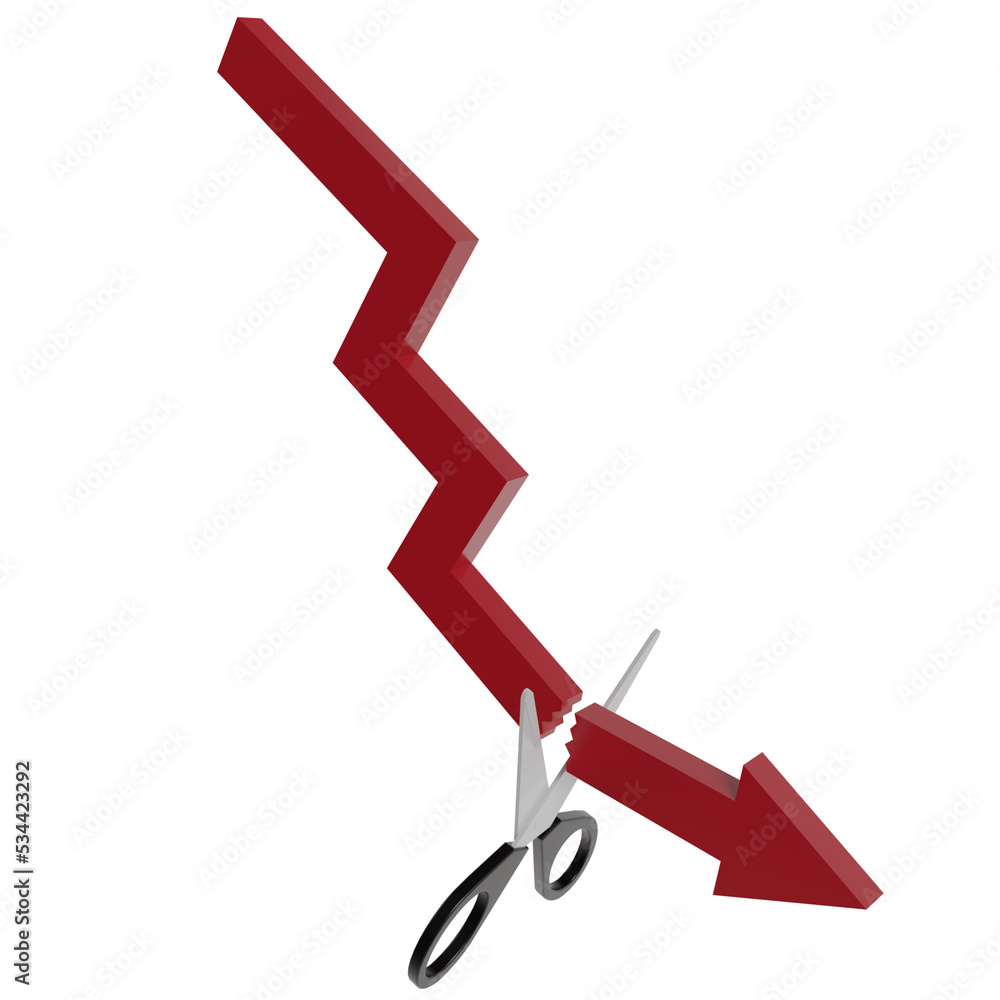 3d red arrow down and scissors, cutting loss trading concept 3d red arrow down and scissors, cutting loss trading concept