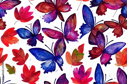 Floral seamless pattern with flying butterflies, colorful leaves and flowers, autumn watercolor print isolated on white background, wildlife illustration. © 2rogan