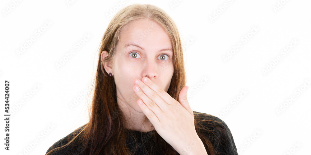 woman surprised hand over mouth posing in white background studio woman surprised hand over mouth posing in white background studio