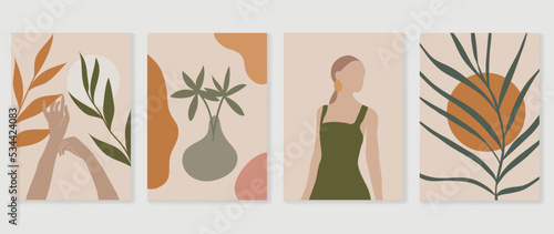Abstract vintage wall art background vector. Collection of organic shapes, hands, woman portrait, leaf, foliage, botanical, vase. Trendy poster set for wall decoration, interior, wallpaper, banner.