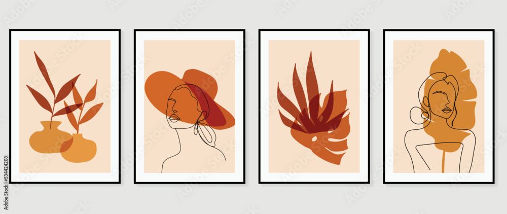 Abstract vintage wall art background vector. Collection of women portrait line art, tropical leaves, monstera, botanical, vases. Trendy style poster set for wall decoration, interior, wallpaper.