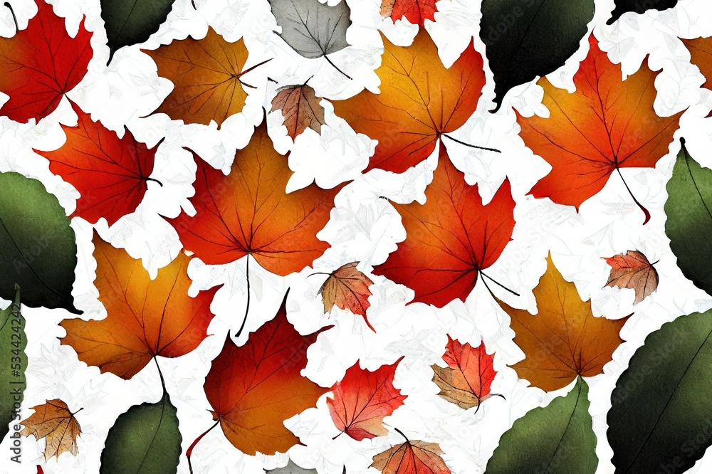 Seamless pattern with autumn maple leaves on white background. Elements are hand drawn with watercolors. Cute and elegant surface design for the fall season for fabric, wrapping paper, home textile