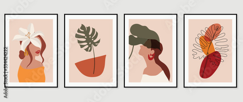 Abstract vintage wall art background vector. Collection of women portrait   tropical leaves  monstera  botanical  flowers  line art. Trendy style poster set for wall decoration  interior  wallpaper.
