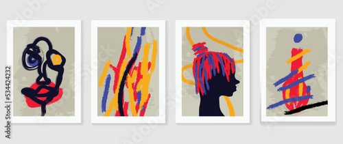 Abstract colorful wall art background vector. Collection of face portrait, watercolor paint, vases, brush texture. Trendy style poster set for wall decoration, interior, wallpaper, banner.