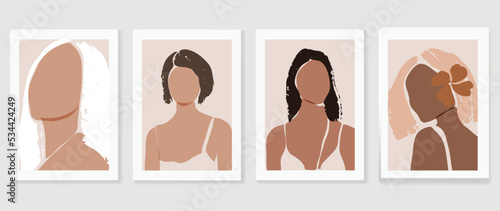Abstract vintage wall art background vector. Collection of women portrait with different hair style, clothing, flower. Trendy style poster set for wall decoration, interior, wallpaper, banner.