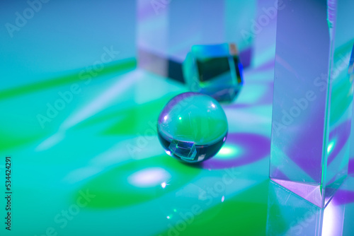 Glass crystal prism. Multicolor light effect