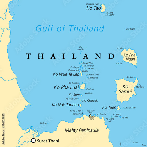 From Ko Samui to Ko Tao, political map. Popular tourist and travel destinations with numerous islands off the coast of Thailand, geographically in the Chumphon Province and Surat Thani Province.