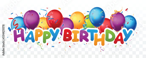Birthday and celebration banner with colorful balloons and confetti