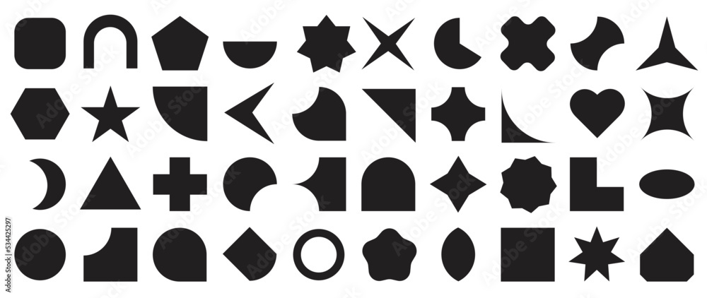 Collection of geometric shapes on white background. Abstract black icon element of star, sparkling, different shapes, heart, polygon, hexagon. Icon graphic design for decoration, logo, business, ads.