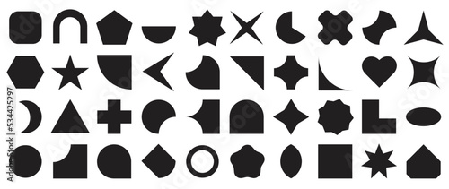 Collection of geometric shapes on white background. Abstract black icon element of star, sparkling, different shapes, heart, polygon, hexagon. Icon graphic design for decoration, logo, business, ads. photo