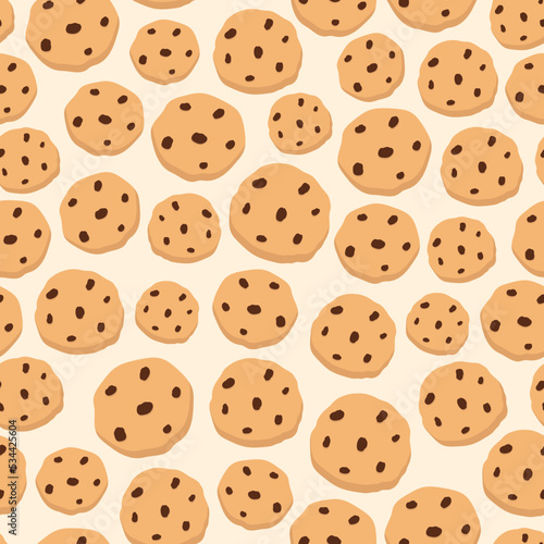 Hand drawn chocolate chip cookie. Vector seamless pattern. Background with homemade pastries.