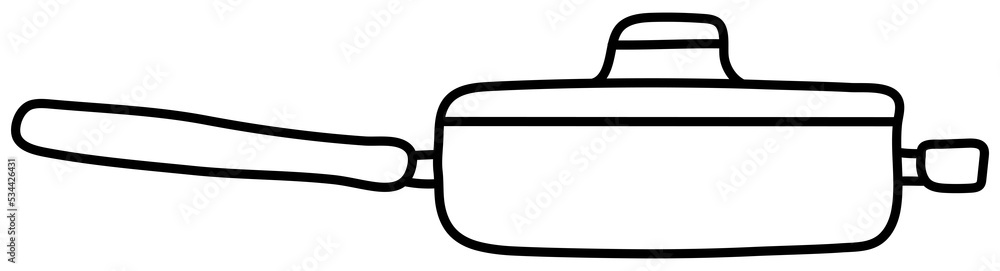 Frying pan with lid. Kitchenware sketch. Doodle line kitchen utensil. Hand drawn illustration. Black and white outline icon Frying pan with lid. Kitchenware sketch. Doodle line kitchen utensil. Hand drawn illustration. Black and white outline icon