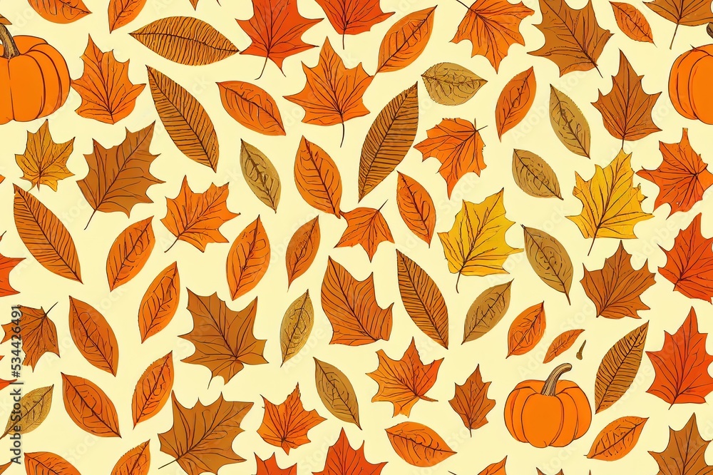 Autumn pumpkins with cream background pattern. Leaves, apples, pear, acorn ditsy. Perfect for fall, Thanksgiving, holidays, fabric textile. Seamless repeat swatch. Autumn pumpkins with cream background pattern. Leaves, apples, pear, acorn ditsy. Perfect for fall, Thanksgiving, holidays, fabric textile. Seamless repeat swatch.