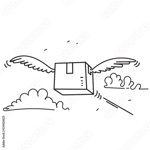 hand drawn doodle package box with wing flying illustration