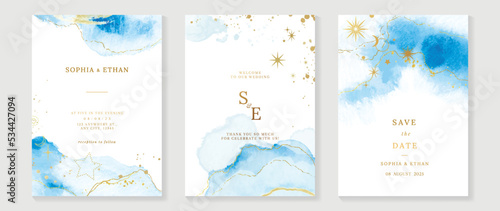 Luxury wedding invitation card template. Watercolor card with blue color, star, sparkle, gold brush, marble texture, moon. Elegant galaxy vector design suitable for banner, cover, invitation.
