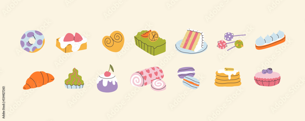 Delicious sweets and pastry. Set of homemade desserts croissant, chocolate biscuity, macaroons, cake, cupcake, cookies, donut, roll, candy, muffin. Cartoon party snacks Recipes with sugar illustration Delicious sweets and pastry. Set of homemade desserts croissant, chocolate biscuity, macaroons, cake, cupcake, cookies, donut, roll, candy, muffin. Cartoon party snacks Recipes with sugar illustration