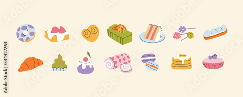 Delicious sweets and pastry. Set of homemade desserts croissant  chocolate biscuity  macaroons  cake  cupcake  cookies  donut  roll  candy  muffin. Cartoon party snacks Recipes with sugar illustration