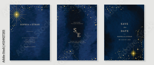 Luxury wedding invitation card template. Watercolor card with blue color, star, sparkle, gold brush, watercolor texture, foil. Elegant galaxy vector design suitable for banner, cover, invitation.