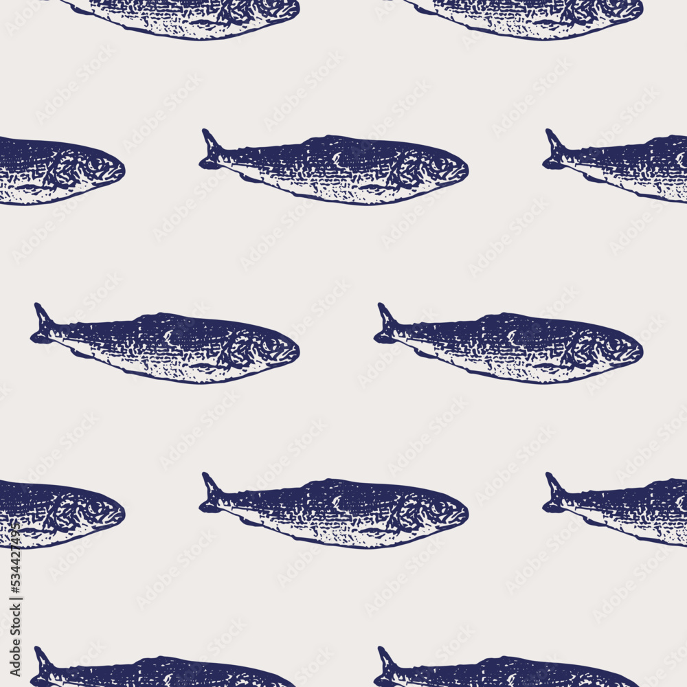 Vector seamless fish pattern. Vintage retro seamless pattern ocean and sea with fish seafood packaging