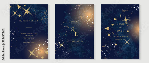 Luxury wedding invitation card template. Watercolor card with blue color, star, sparkle, watercolor texture, universe. Elegant shining galaxy vector design suitable for banner, cover, invitation.